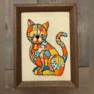 Vintage Cat Kitty Handstitched Needlework Colorful Patchwork Wood Framed 8” x 6”
